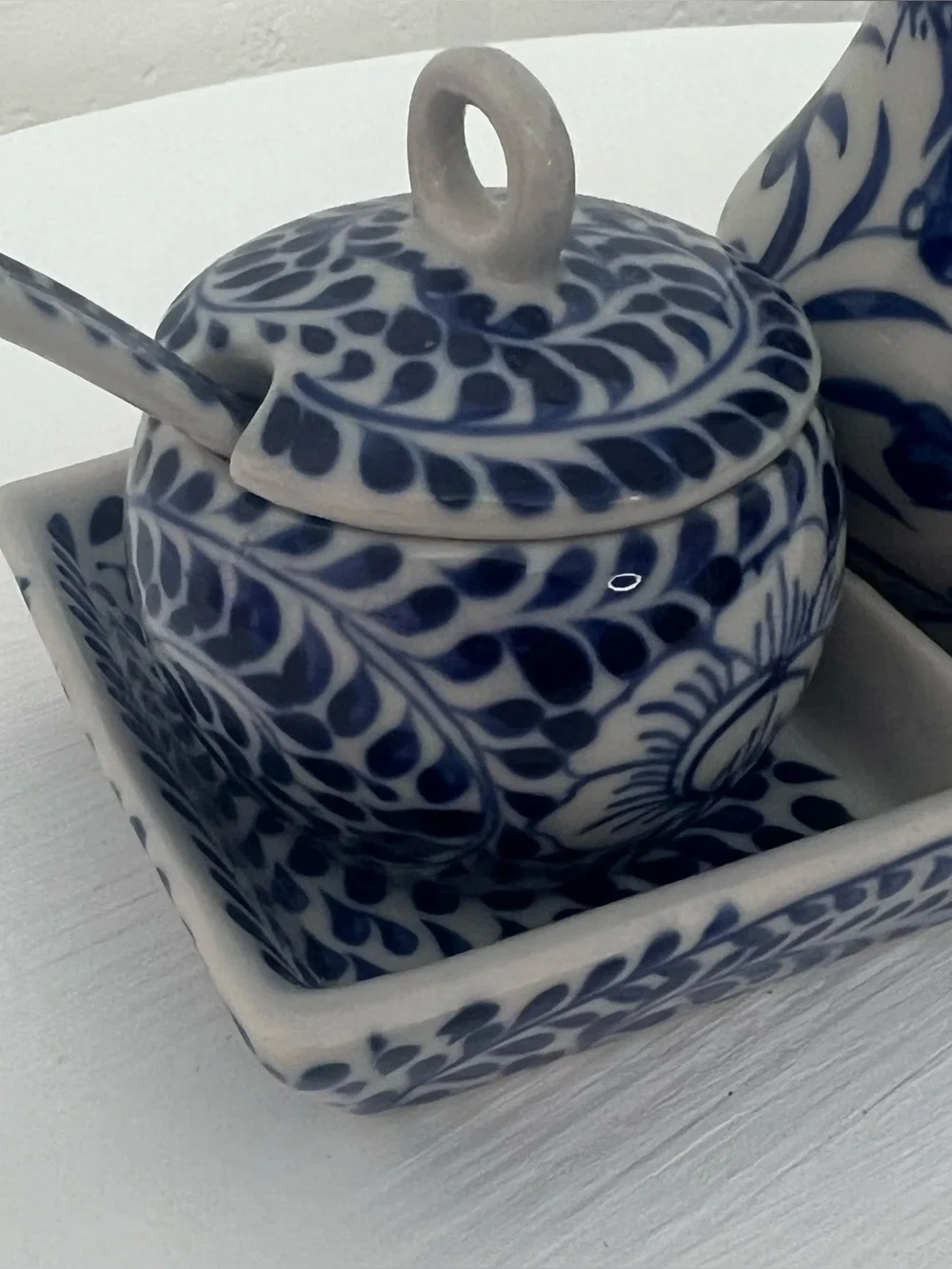 Vintage Blue White Talavera Style Floral Sugar Cream Condiment Set Tray & Spoons